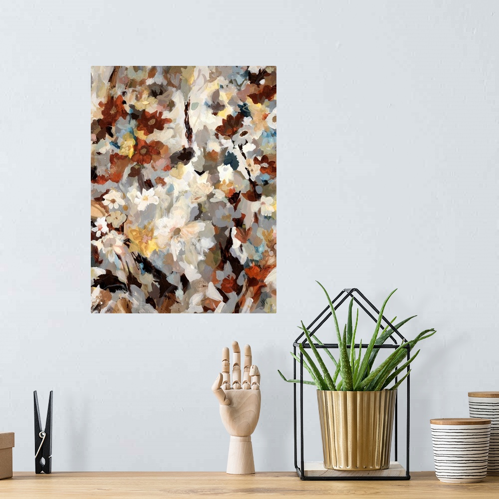 A bohemian room featuring Contemporary abstract painting of colorful floral collage.