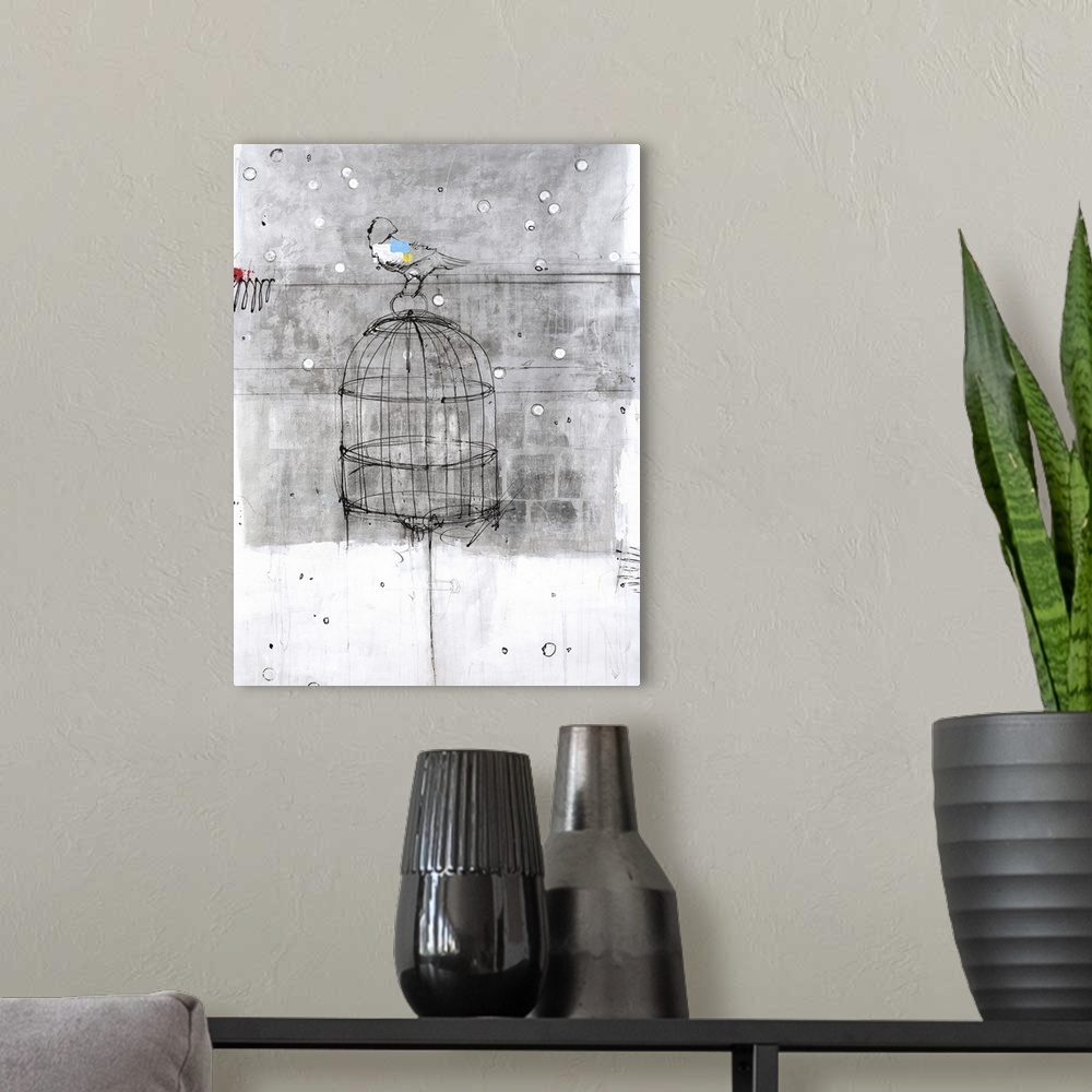 A modern room featuring Painting of a bird perched on the top of a cage surrounded by white bubbles on a faded gray backd...