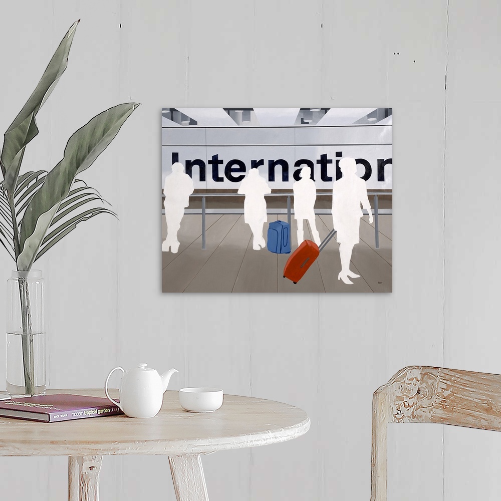 A farmhouse room featuring Contemporary artwork of white silhouettes of passengers with luggage at an airport.