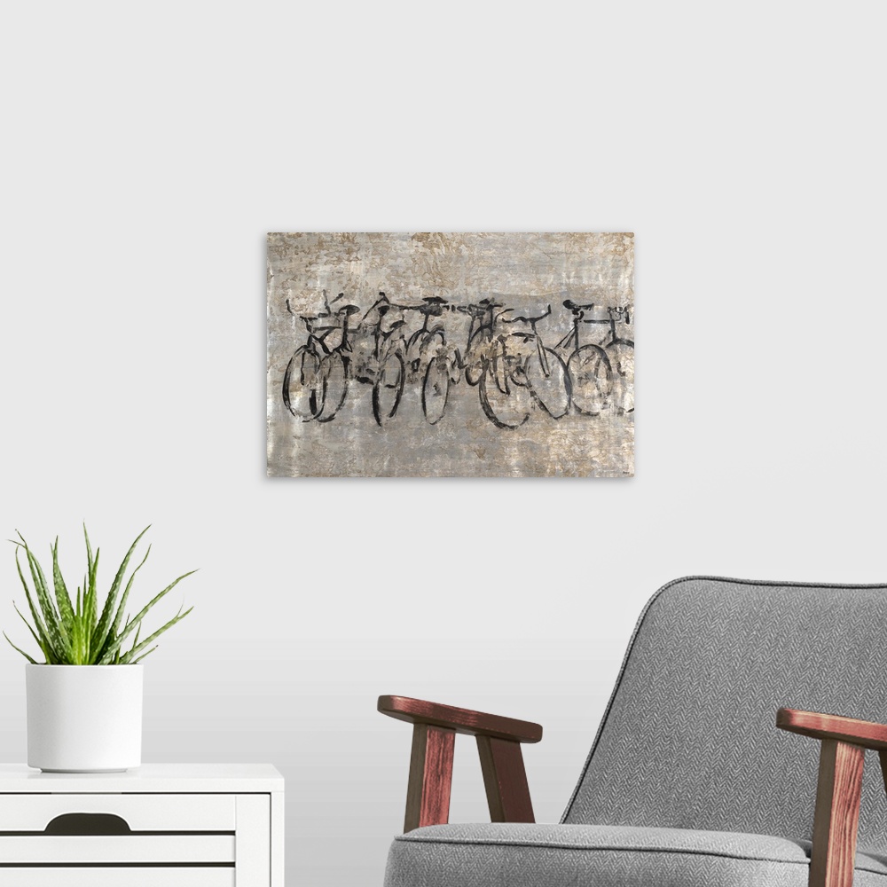A modern room featuring Contemporary painting of a row of bicycles on a textured grey background.