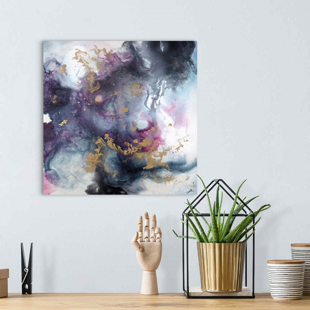 A bohemian room featuring Contemporary abstract painting of ethereal looking black and purple washes of color resembling sm...