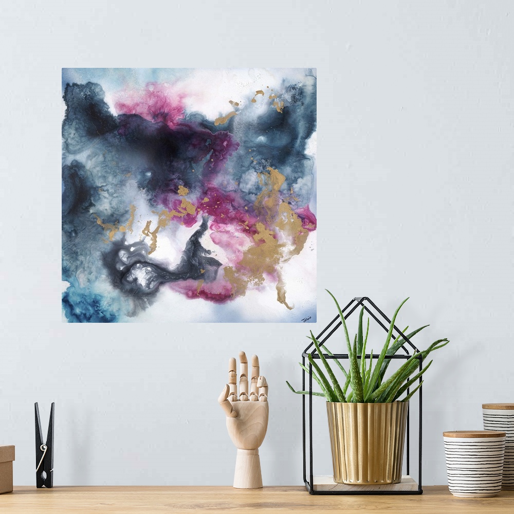 A bohemian room featuring Contemporary abstract painting of ethereal looking black and purple washes of color resembling sm...