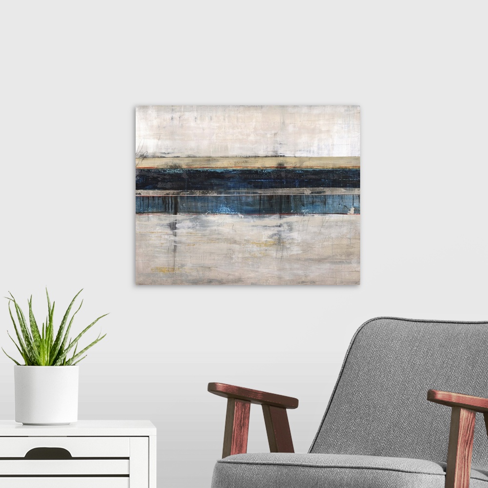 A modern room featuring Contemporary abstract painting using dark bold horizontal lines in teal against a tan background.