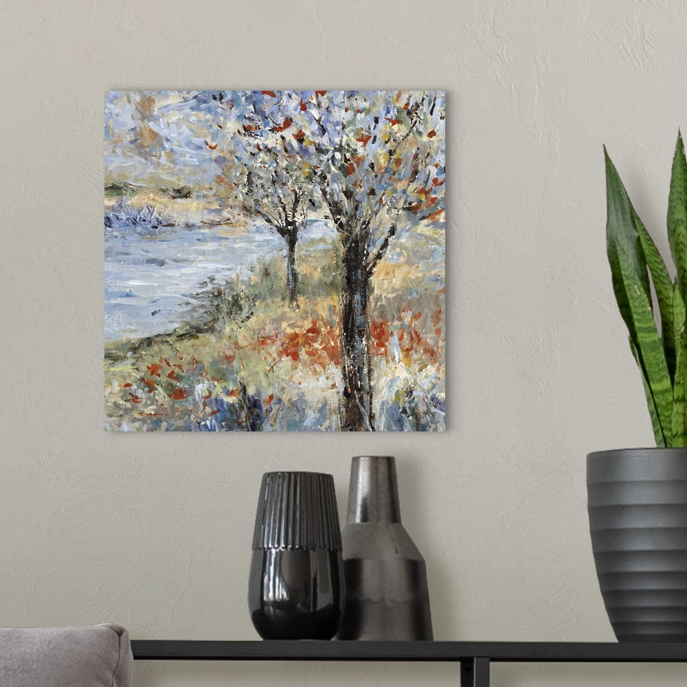 A modern room featuring A decorative landscape of textured brush strokes of trees and a river during spring.