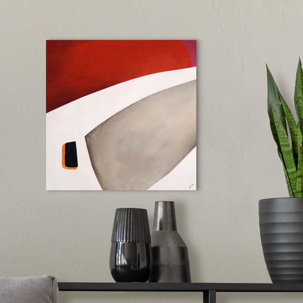 A modern room featuring Abstract painting of a portion of a space helmet on a warm background.