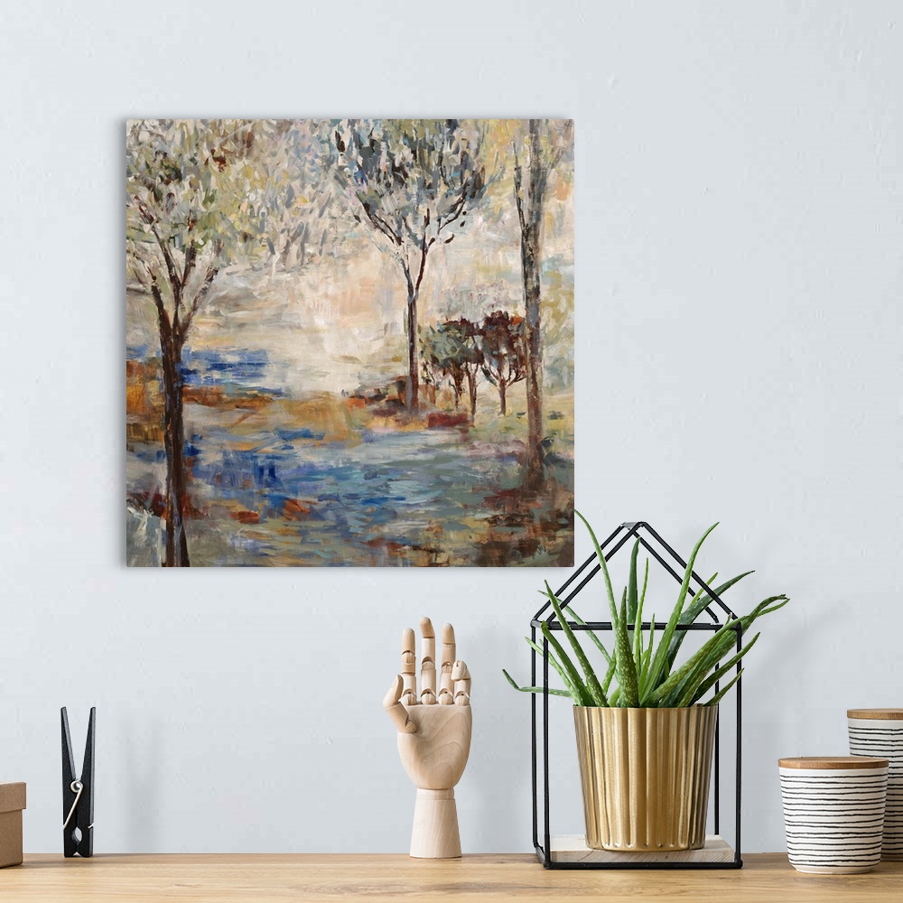 A bohemian room featuring Contemporary painting of an idyllic abstracted forest scene.