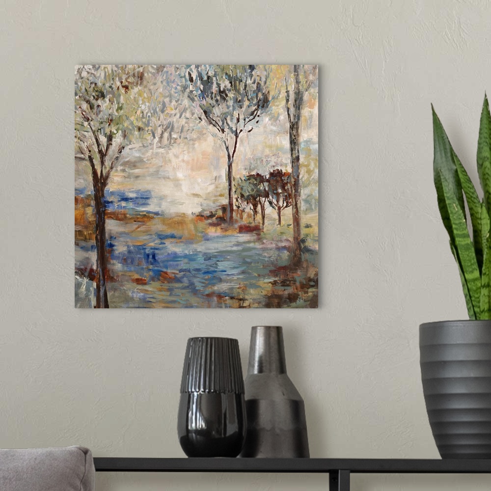 A modern room featuring Contemporary painting of an idyllic abstracted forest scene.