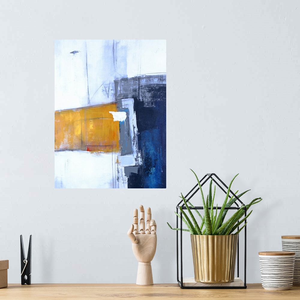 A bohemian room featuring Contemporary abstract painting with bold shapes in dark blue and yellow on a light blue backgroun...