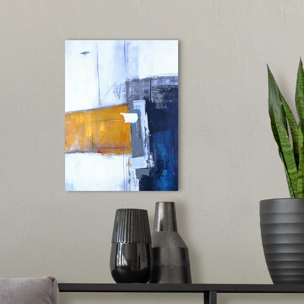 A modern room featuring Contemporary abstract painting with bold shapes in dark blue and yellow on a light blue backgroun...