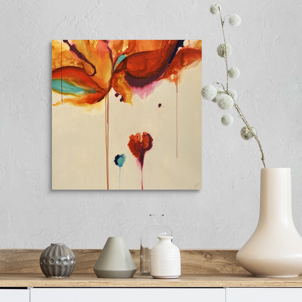 A farmhouse room featuring Square contemporary abstract painting of warm color blobs with color dripping down from them.