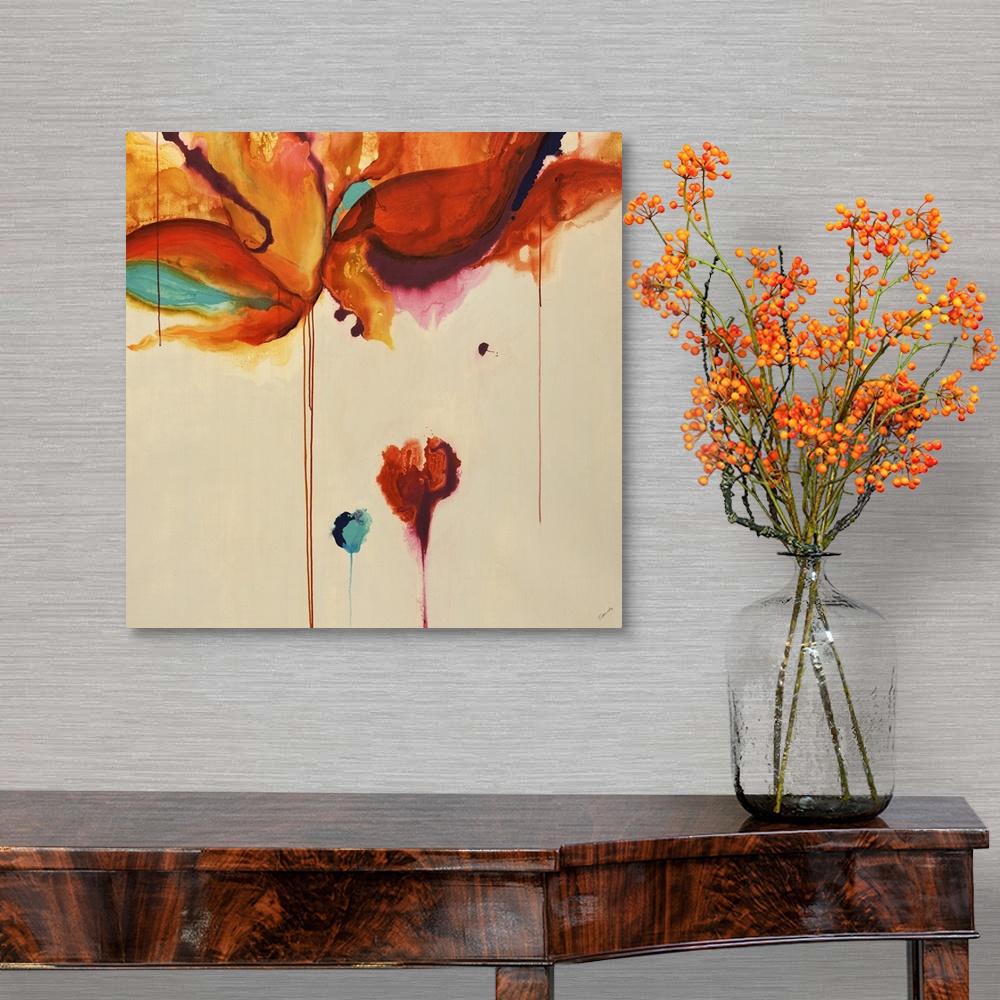 A traditional room featuring Square contemporary abstract painting of warm color blobs with color dripping down from them.