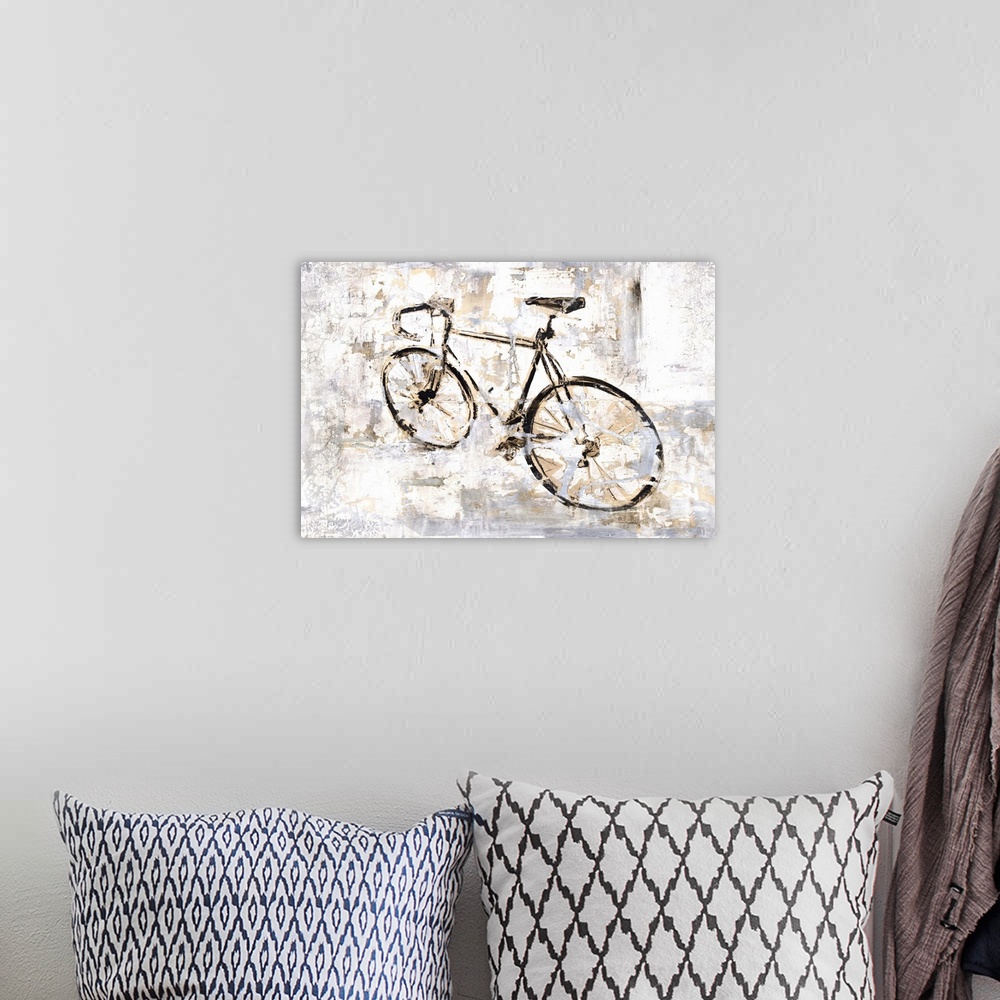A bohemian room featuring Contemporary painting of a bicycle against a background of muted neutral tones.