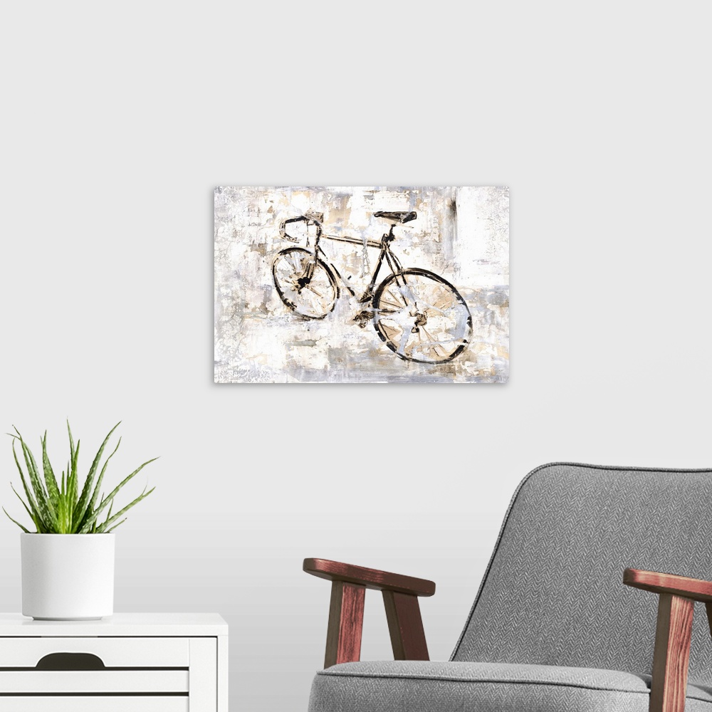 A modern room featuring Contemporary painting of a bicycle against a background of muted neutral tones.