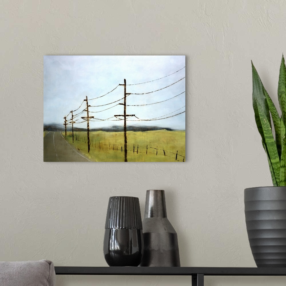 A modern room featuring Landscape painting of electrical poles and lines in an empty field, alongside a paved road that l...