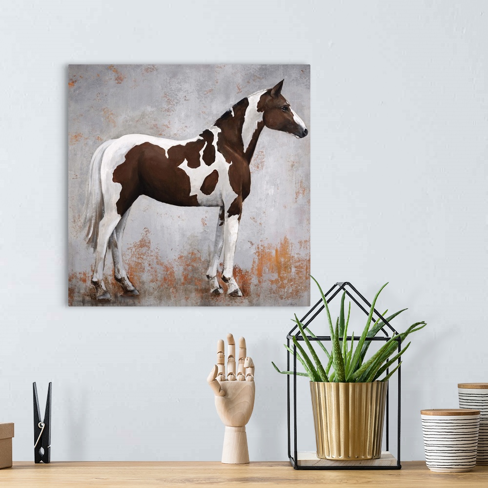 A bohemian room featuring Contemporary portrait of a paint horse in profile.