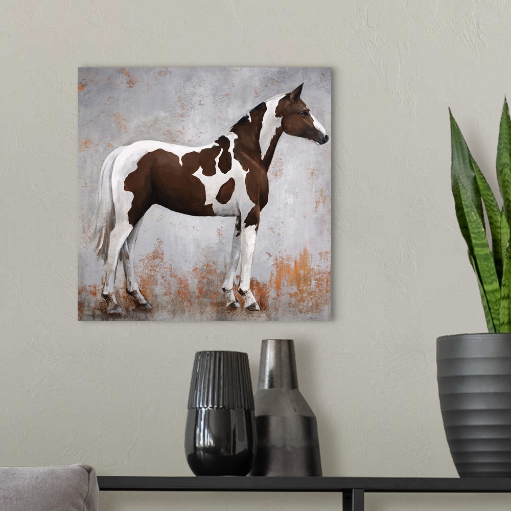 A modern room featuring Contemporary portrait of a paint horse in profile.