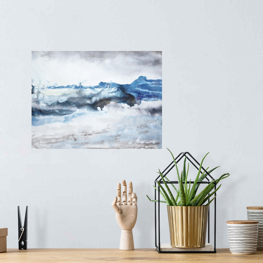 A bohemian room featuring Contemporary abstract painting in flowing blue and grey tones, resembling waves crashing against ...