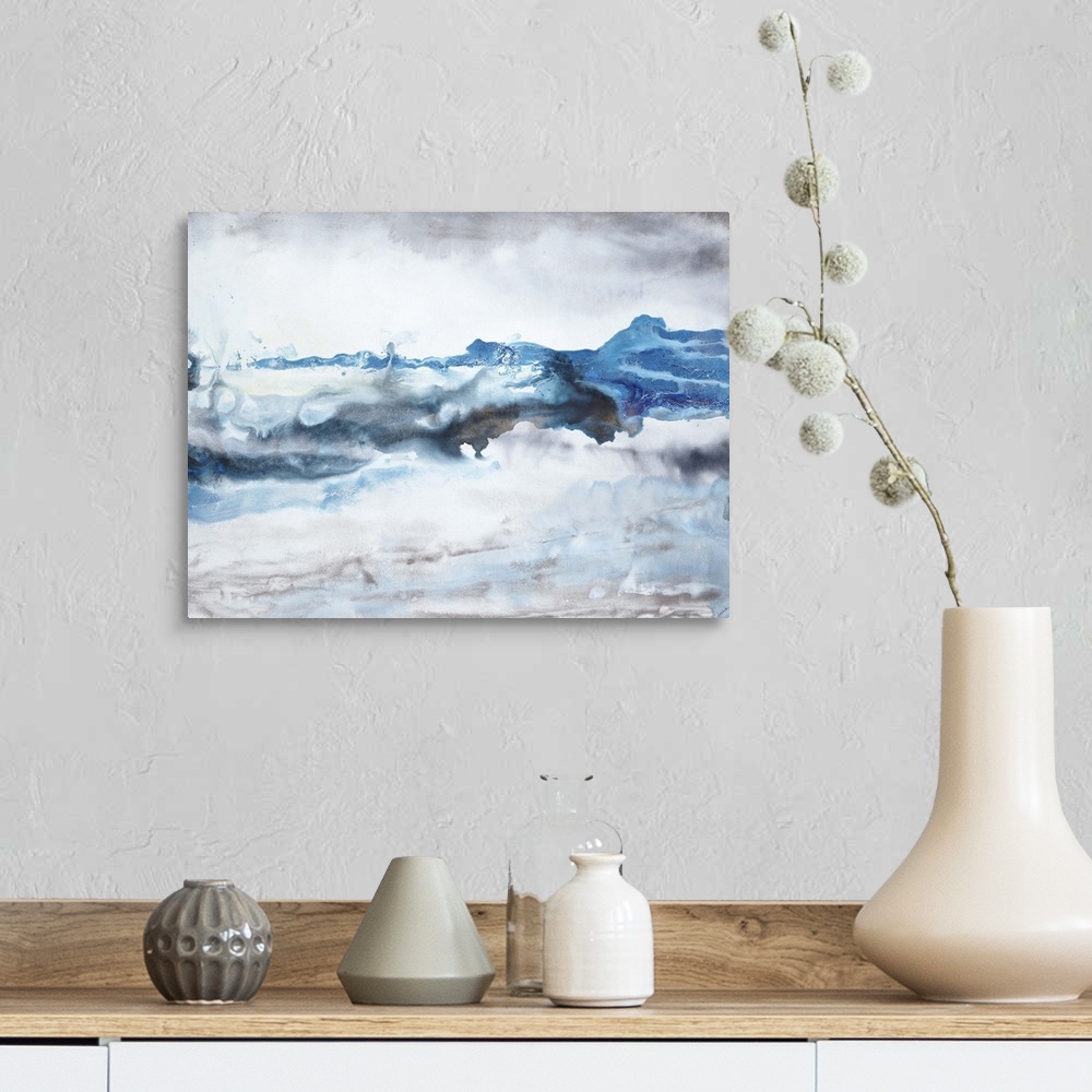 A farmhouse room featuring Contemporary abstract painting in flowing blue and grey tones, resembling waves crashing against ...
