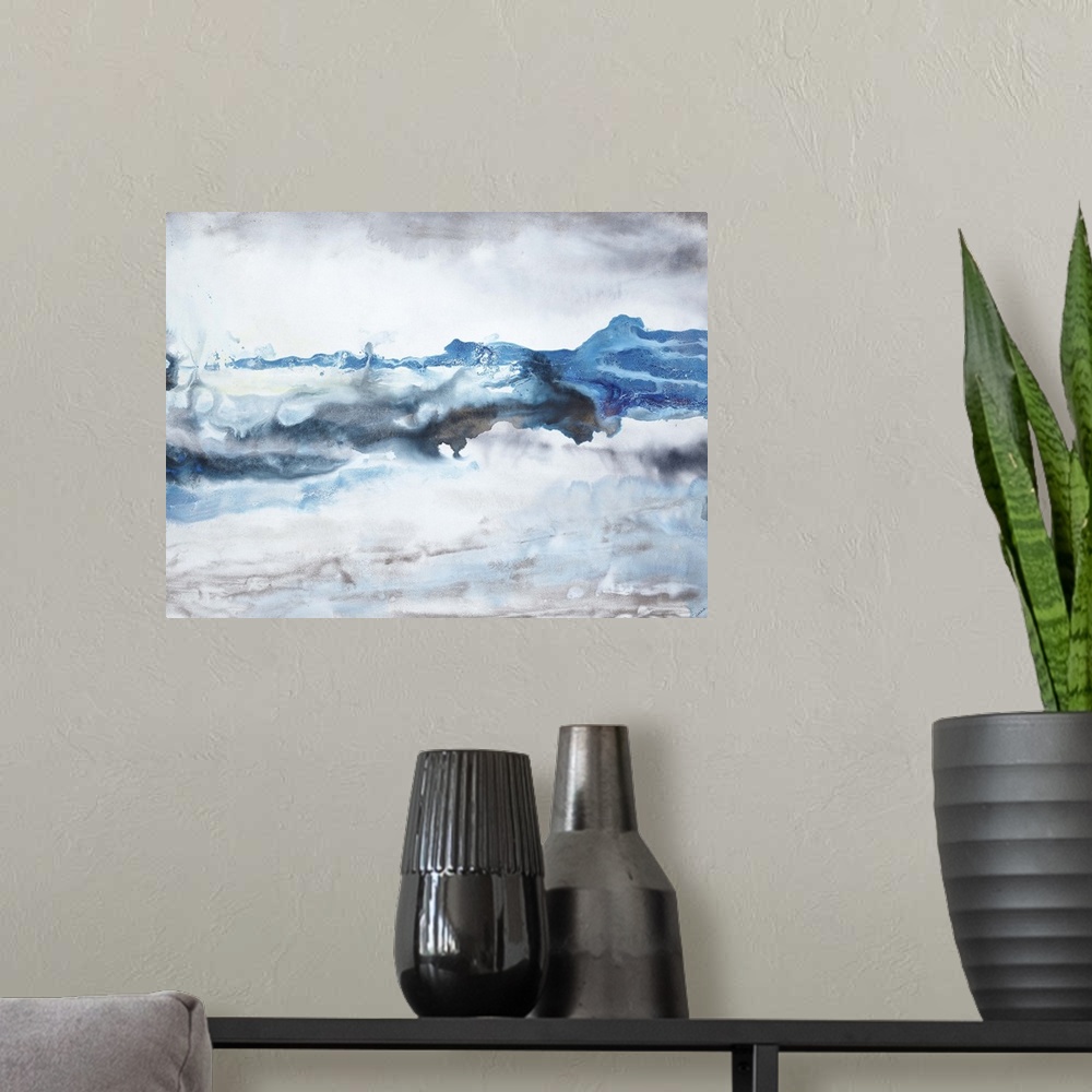 A modern room featuring Contemporary abstract painting in flowing blue and grey tones, resembling waves crashing against ...