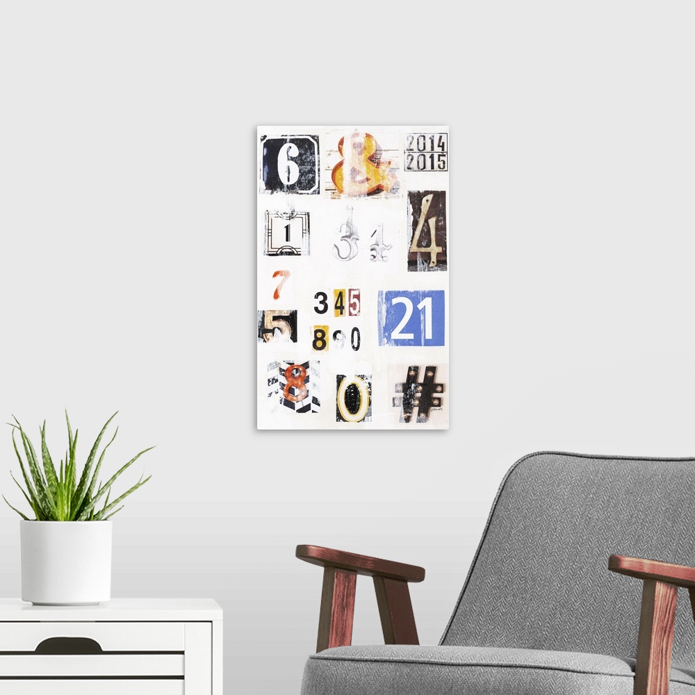 A modern room featuring Contemporary art with uniquely designed numbers and signs with a vintage feel on a white background.