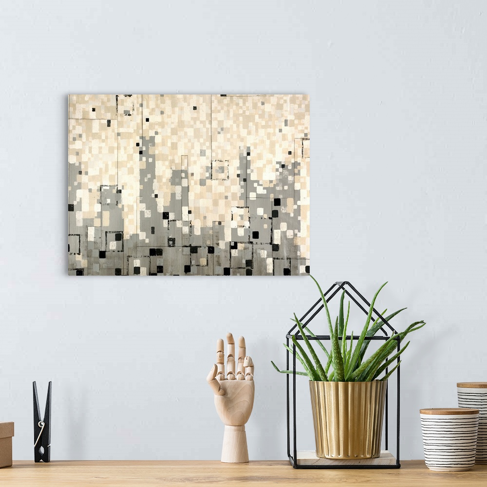 A bohemian room featuring Huge abstract art includes a variety of different sized small squares and rectangles layered on t...