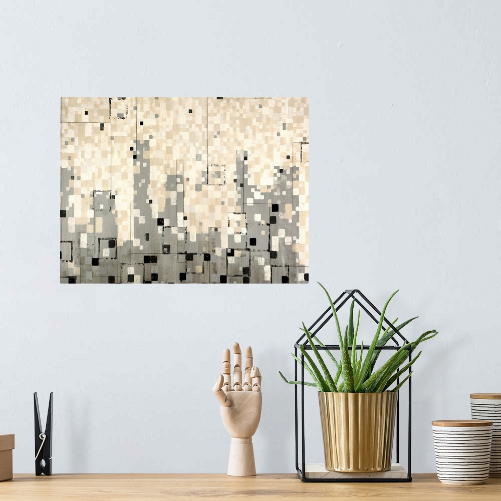 A bohemian room featuring Huge abstract art includes a variety of different sized small squares and rectangles layered on t...