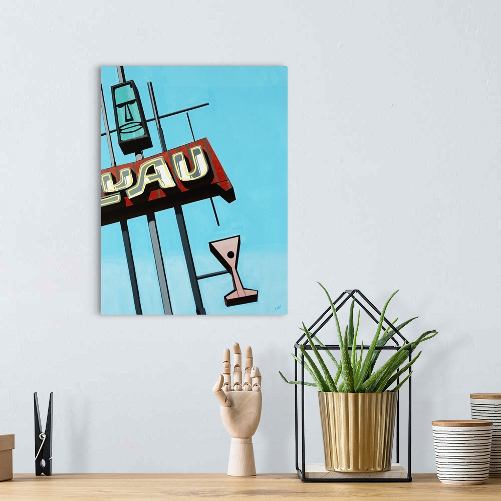 A bohemian room featuring Painting of a vintage luau sign that includes a tiki head and a martini glass, in front a bright ...