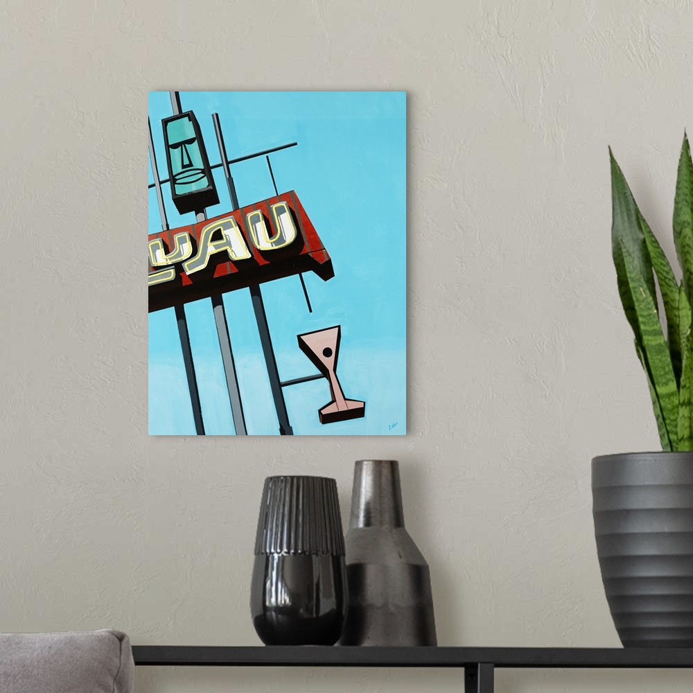 A modern room featuring Painting of a vintage luau sign that includes a tiki head and a martini glass, in front a bright ...