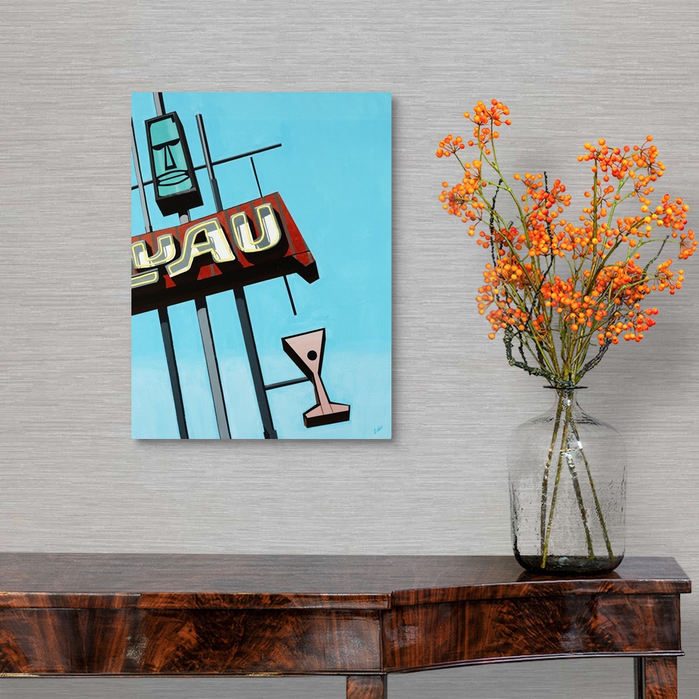 A traditional room featuring Painting of a vintage luau sign that includes a tiki head and a martini glass, in front a bright ...