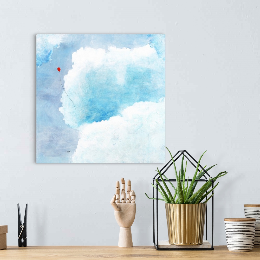 A bohemian room featuring Contemporary painting a red balloon soaring through puffy blue clouds.
