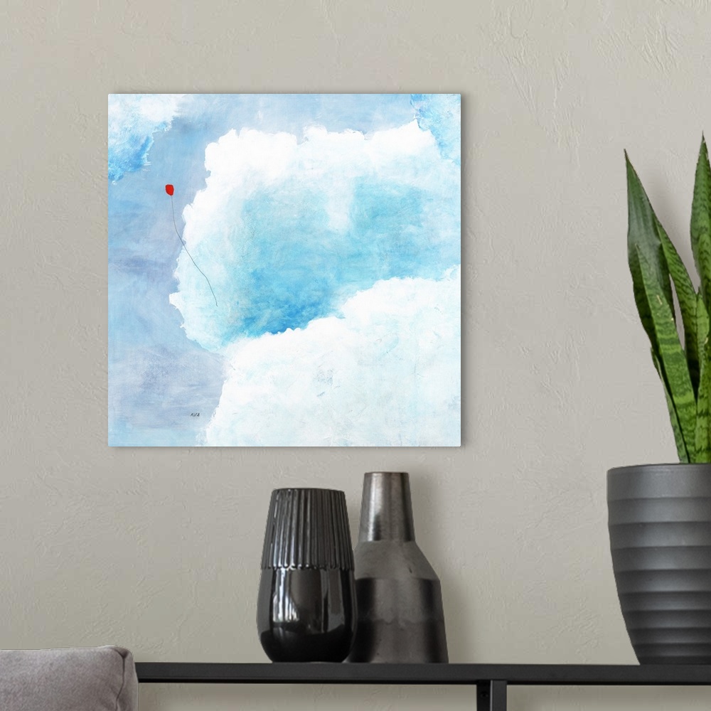 A modern room featuring Contemporary painting a red balloon soaring through puffy blue clouds.