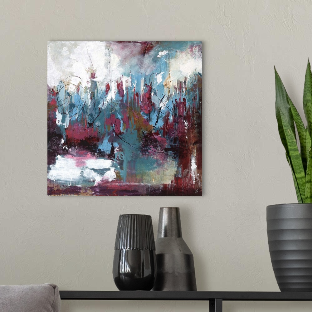 A modern room featuring Abstract painting using dark blue and violet colors.