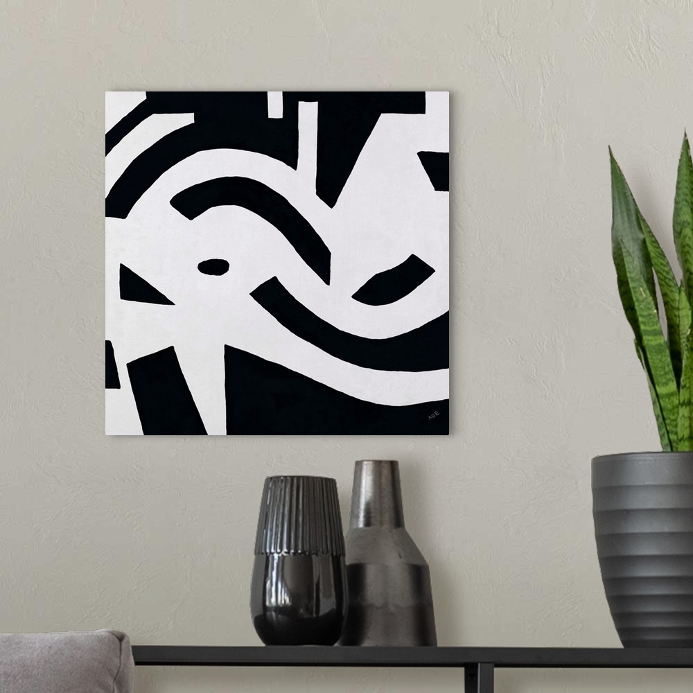 A modern room featuring Black and white abstract painting with flowing movement all over the square canvas.