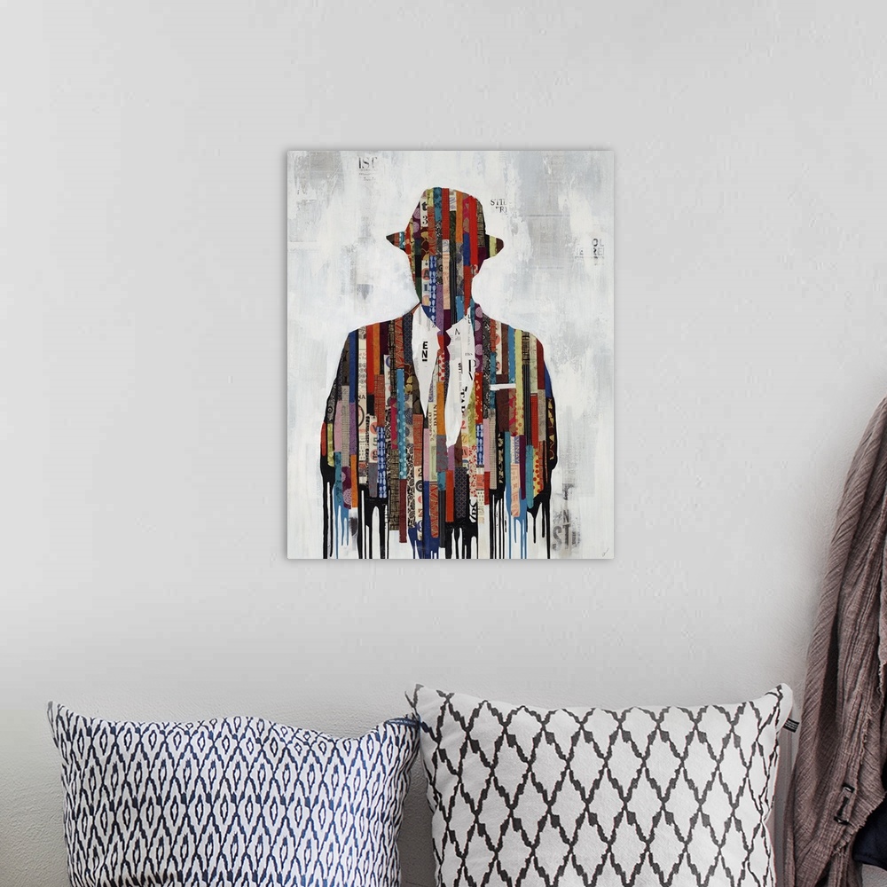 A bohemian room featuring Contemporary art of a bust of a man in a jacket, tie and hat, his figure a collaged collection of...