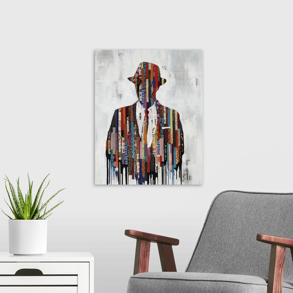 A modern room featuring Contemporary art of a bust of a man in a jacket, tie and hat, his figure a collaged collection of...