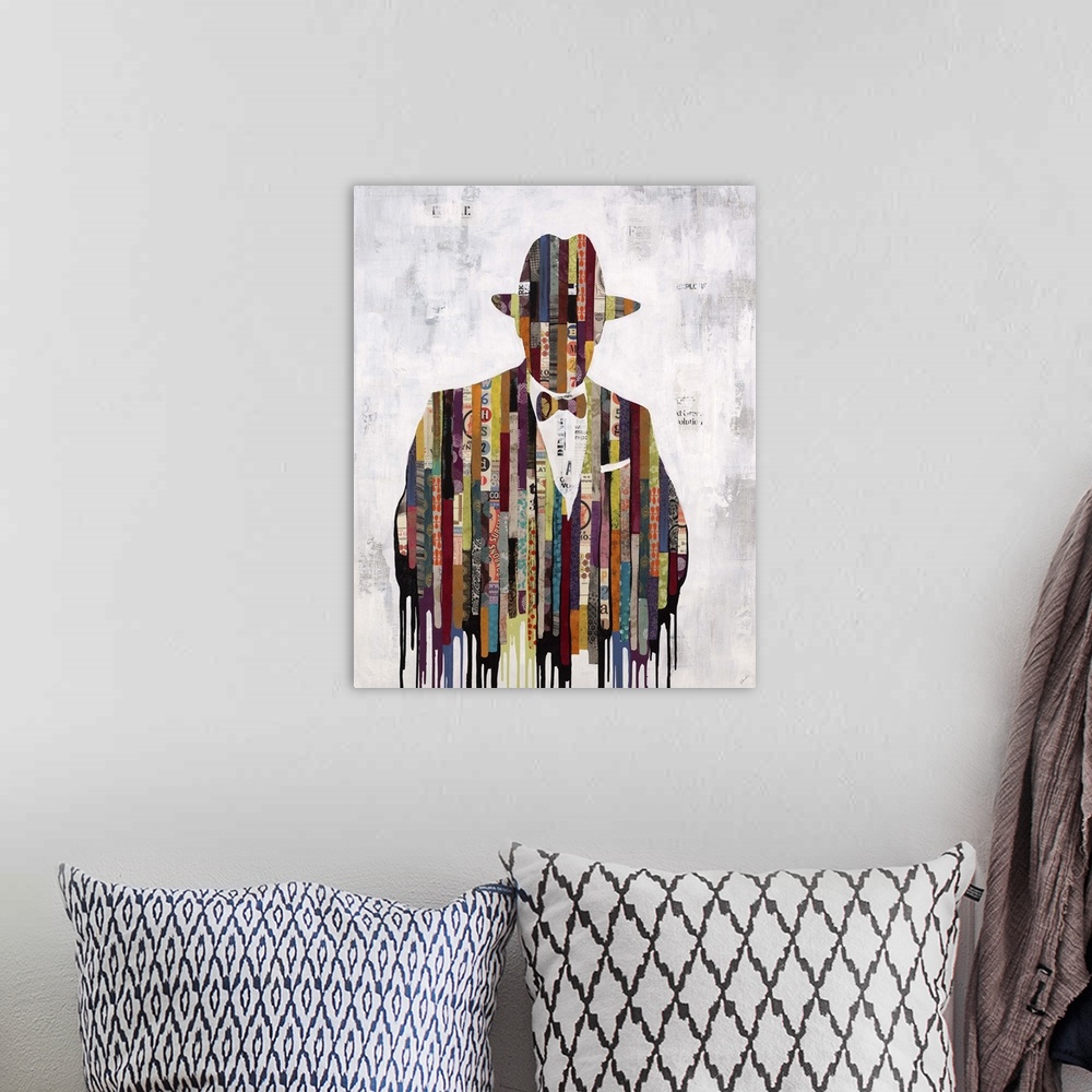 A bohemian room featuring Contemporary painting of an abstracted male figure wearing a hat.