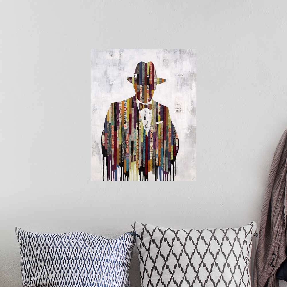 A bohemian room featuring Contemporary painting of an abstracted male figure wearing a hat.