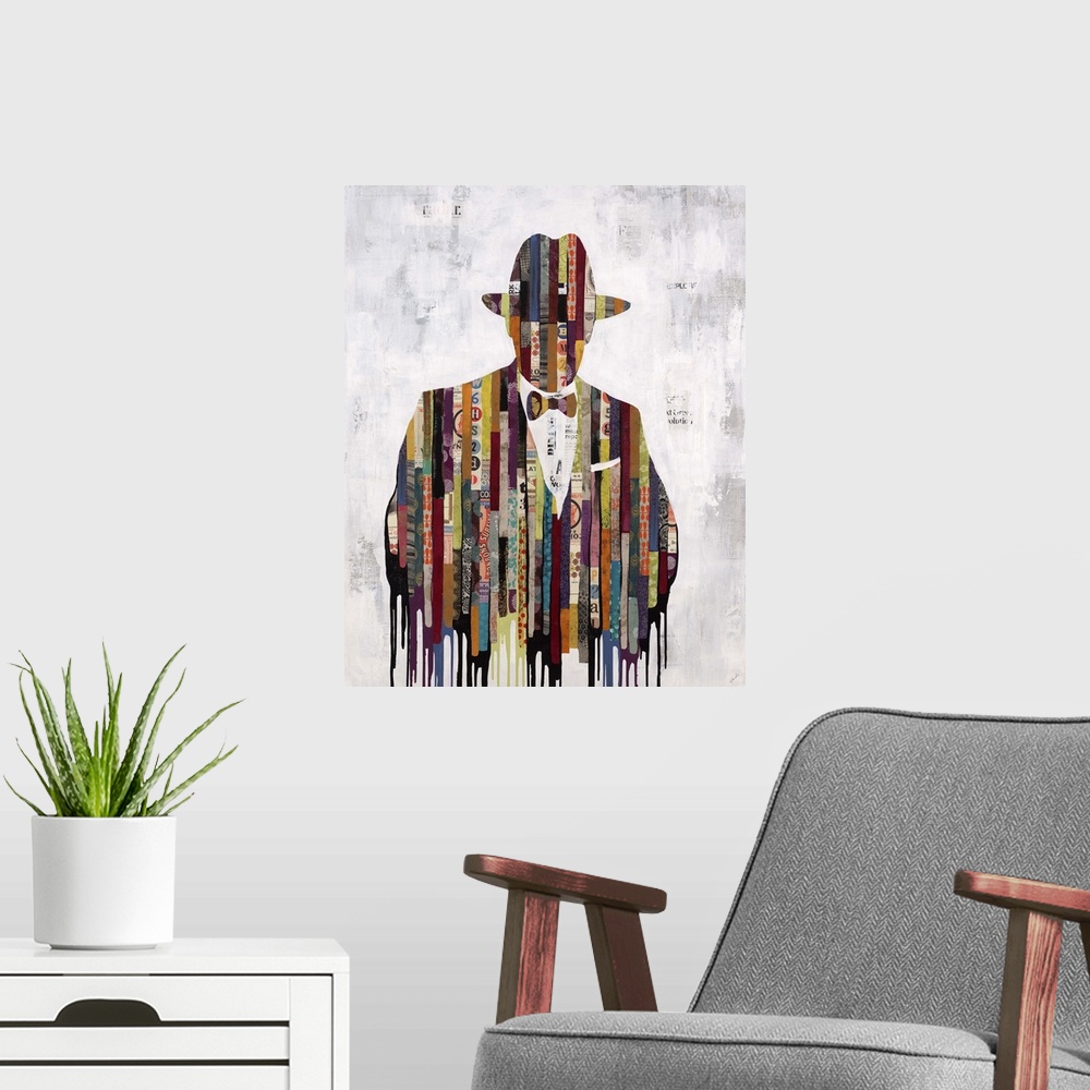 A modern room featuring Contemporary painting of an abstracted male figure wearing a hat.
