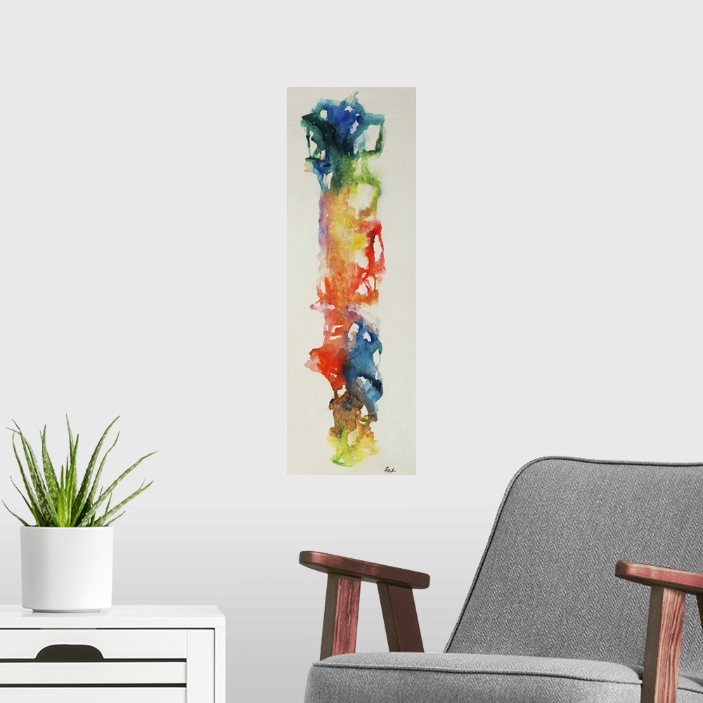 A modern room featuring Vertical panoramic watercolor painting that looks as if multicolored splashes of paint were allow...