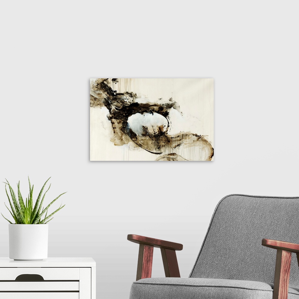 A modern room featuring Abstract art of two arms with a dark smoky appearance that seem to reach toward an egg shaped obj...