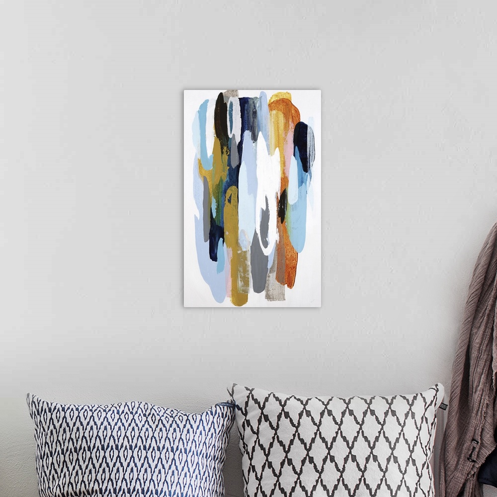 A bohemian room featuring Vertical painting of bold, thick brush strokes in multiple colors.