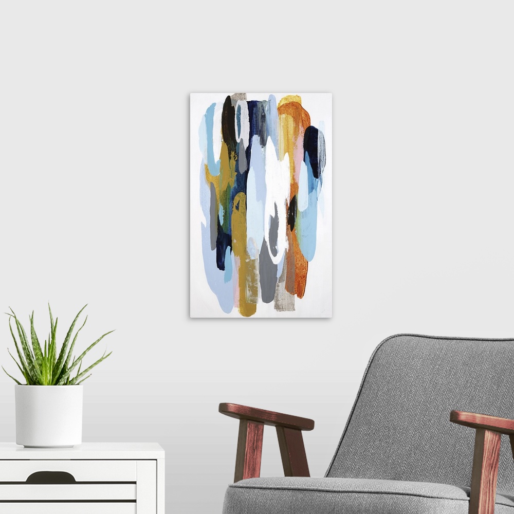 A modern room featuring Vertical painting of bold, thick brush strokes in multiple colors.
