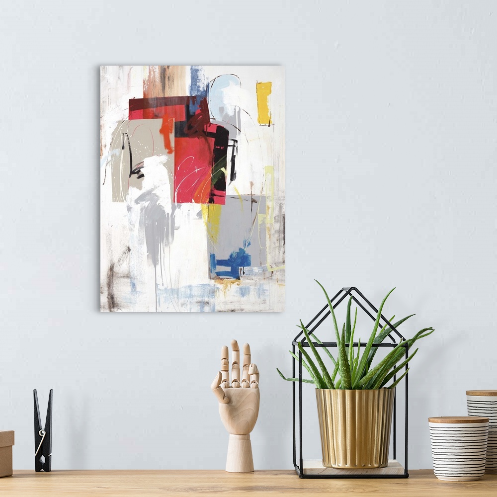 A bohemian room featuring Large abstract artwork with bold shapes in the foreground with thin squiggly lines on top and whi...