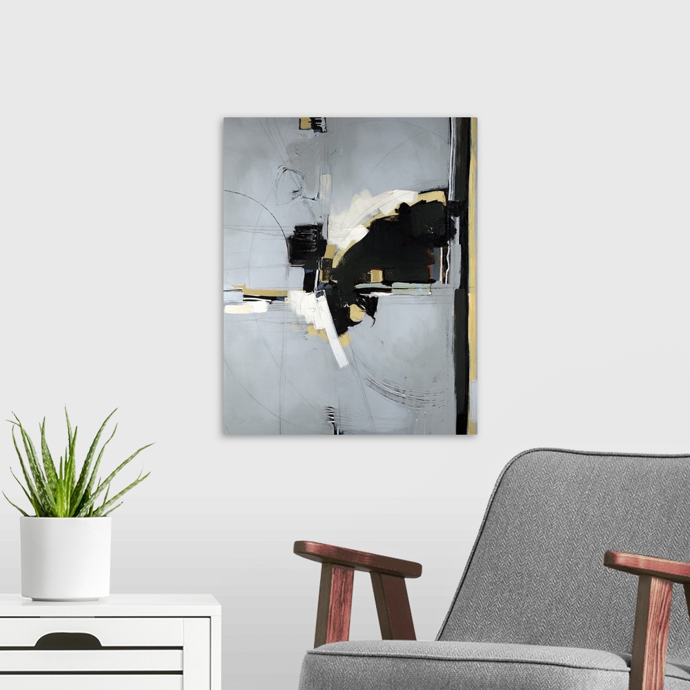 A modern room featuring Abstract artwork that has a grey background and neutral colors clustered in the center right side...