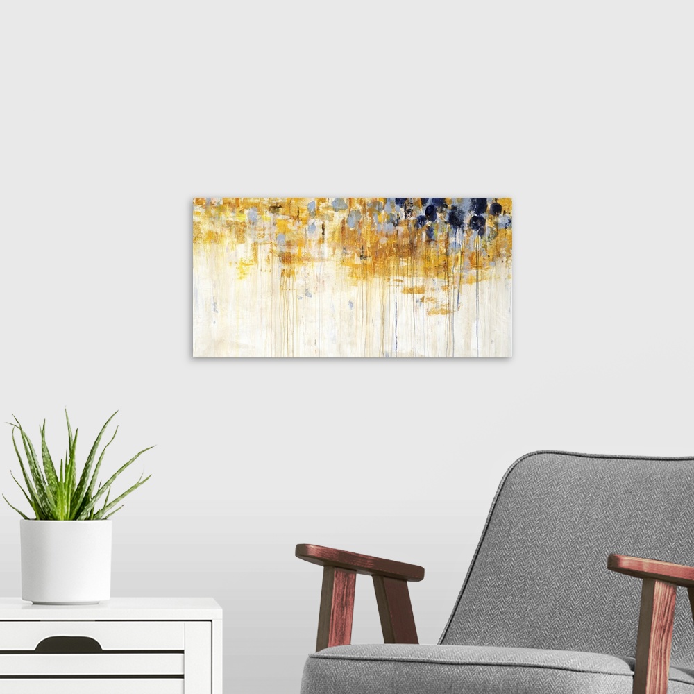 A modern room featuring A large horizontal contemporary painting of vibrant yellow and brown colors dripping vertically.