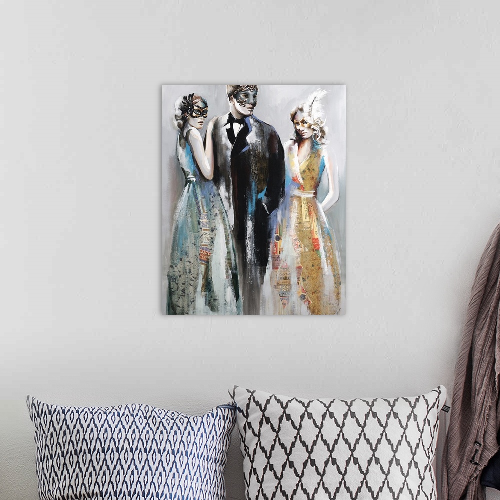 A bohemian room featuring Contemporary artwork created with mixed media of three people in masquerade masks dressed up for ...
