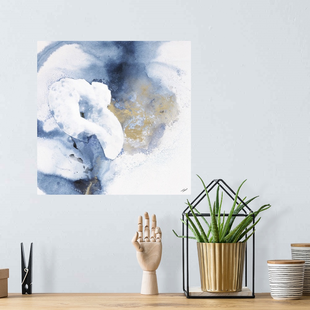 A bohemian room featuring A blue and gold watercolor painting of a flower in a meadow.