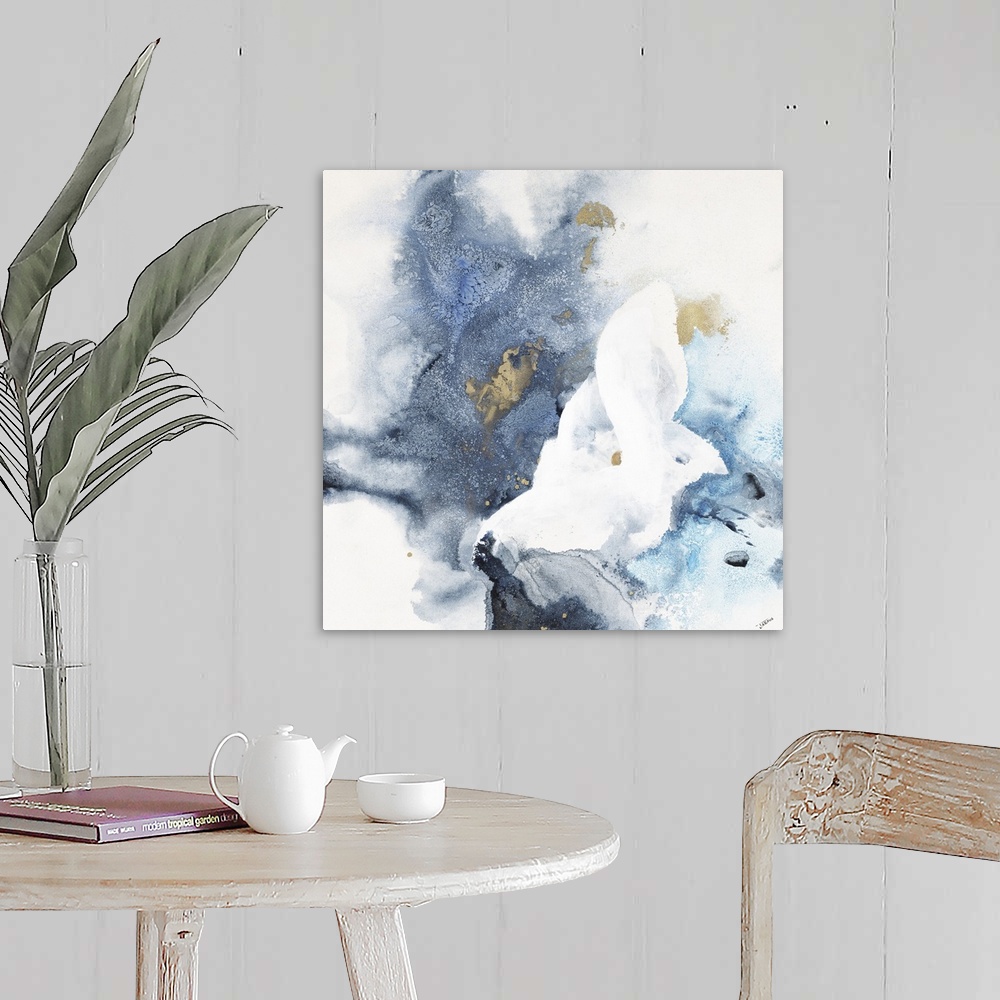 A farmhouse room featuring A blue and gold watercolor painting of a flower in a meadow.