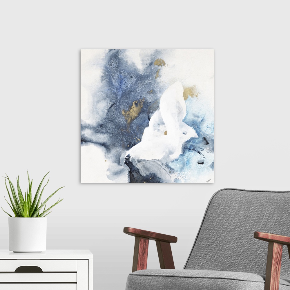 A modern room featuring A blue and gold watercolor painting of a flower in a meadow.