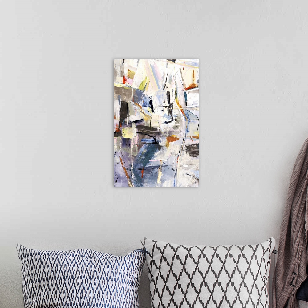 A bohemian room featuring Contemporary abstract painting using a variety of muted tones.